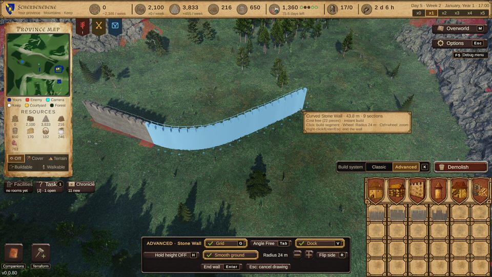 Screenshot: a curved stone wall being drawn freely across a green hillside in the building mode