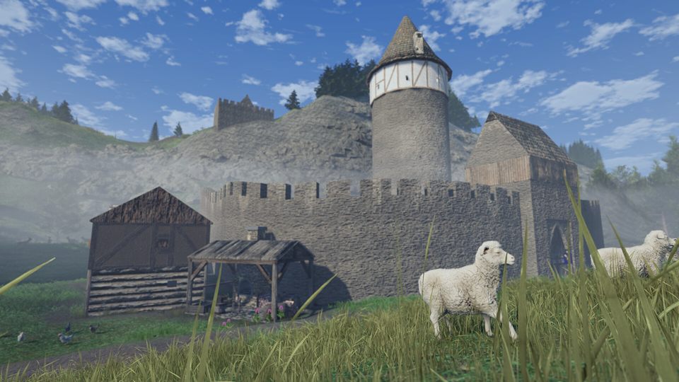Screenshot: a stone castle with a round tower and curtain wall on a misty hillside, sheep grazing in the grass